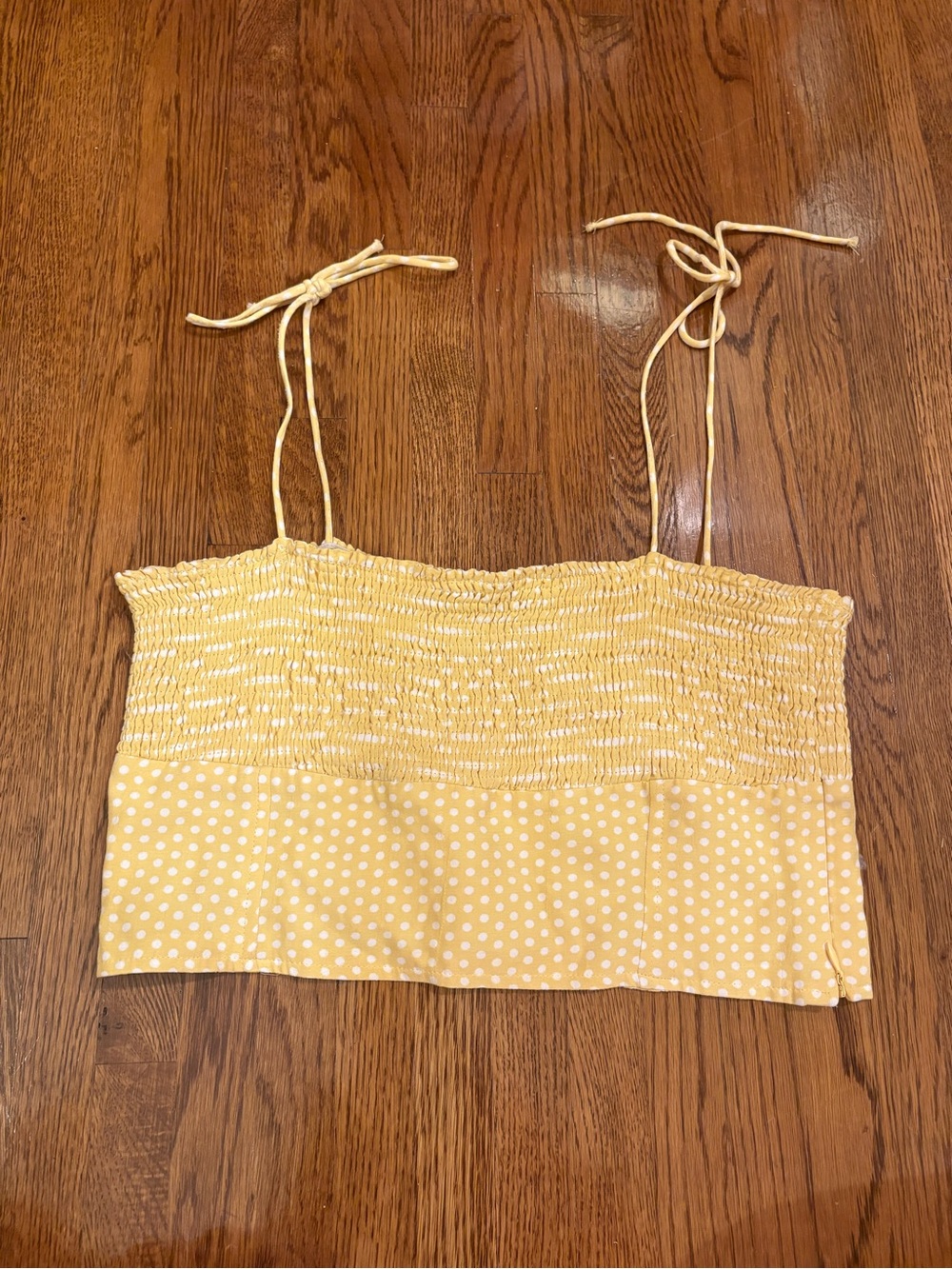 Zara Yellow Polka Dot Smocked Tie-Strap Crop Top